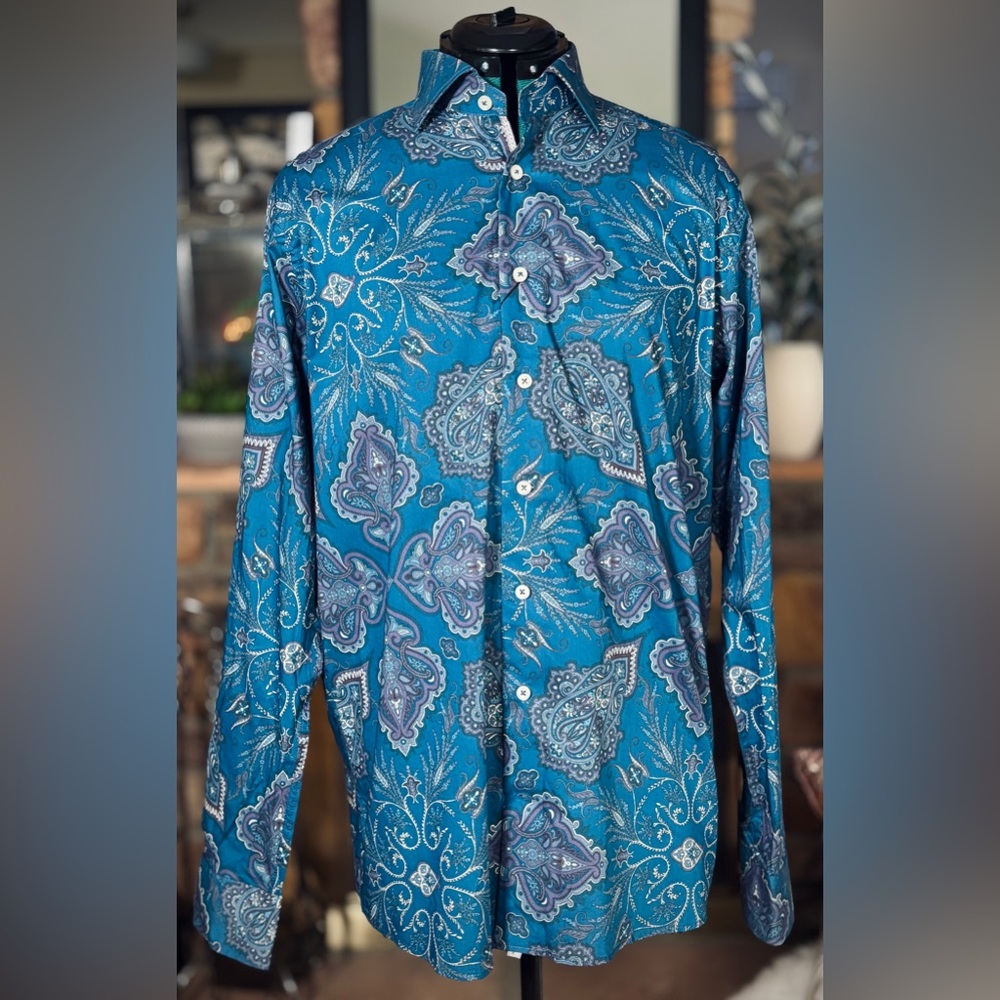 Georg Roth Blue & Purple Paisley Button Down Collared Cotton Dress Shirt, Sz L